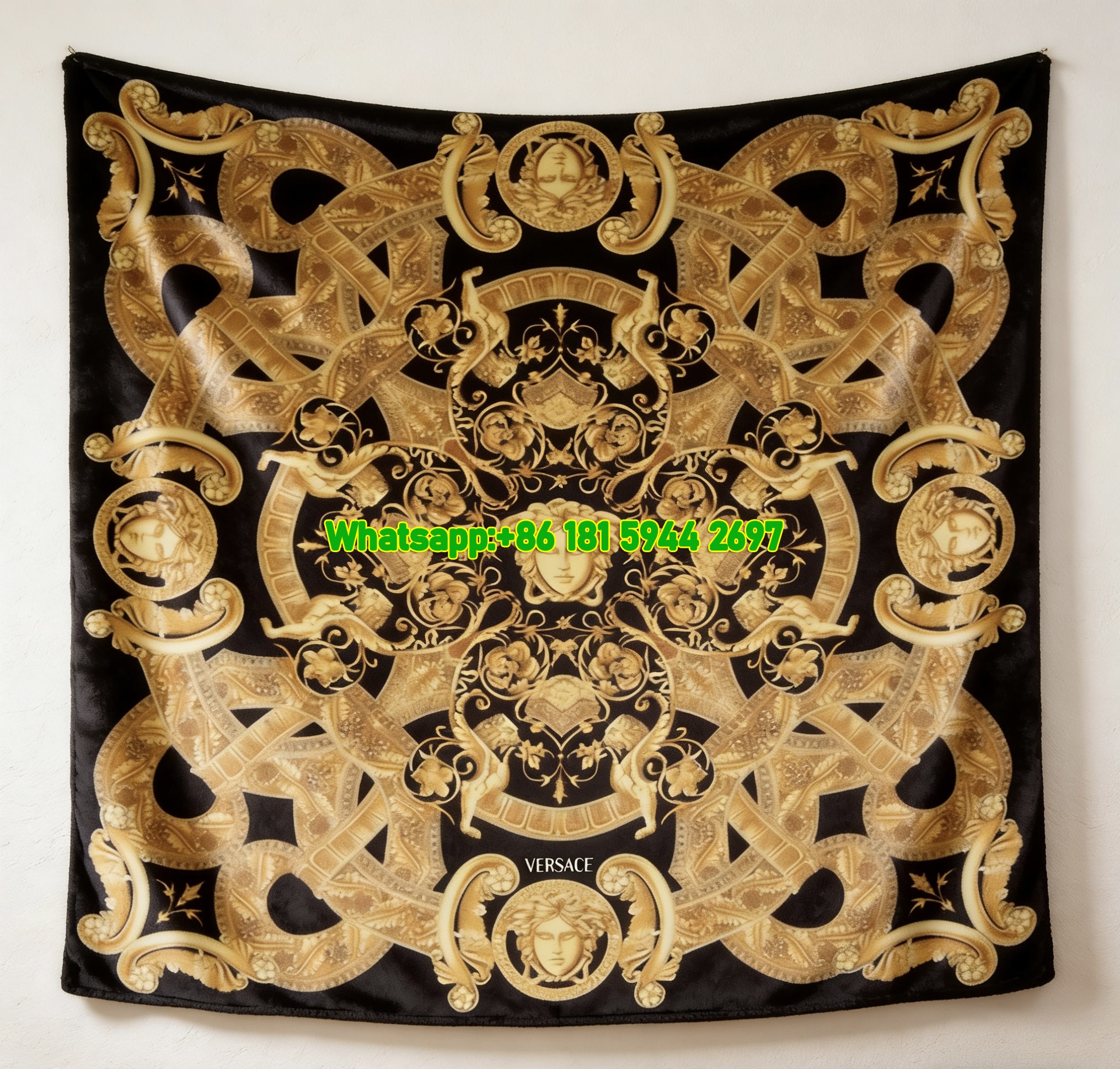 Versace Black Gold Medusa Baroque Celtic Knot Print Flannel Sofa Throw Blanket IMG_1321